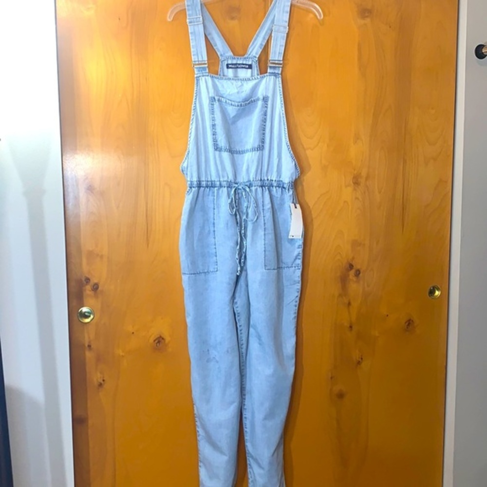 Wallflower light denim overalls with drawstring waist, carpenter & pouch pocket